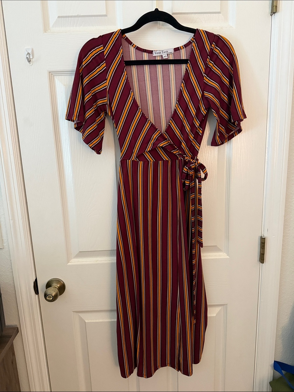 Velvet Torch Midi Dress, Dark Red/Gold, XS